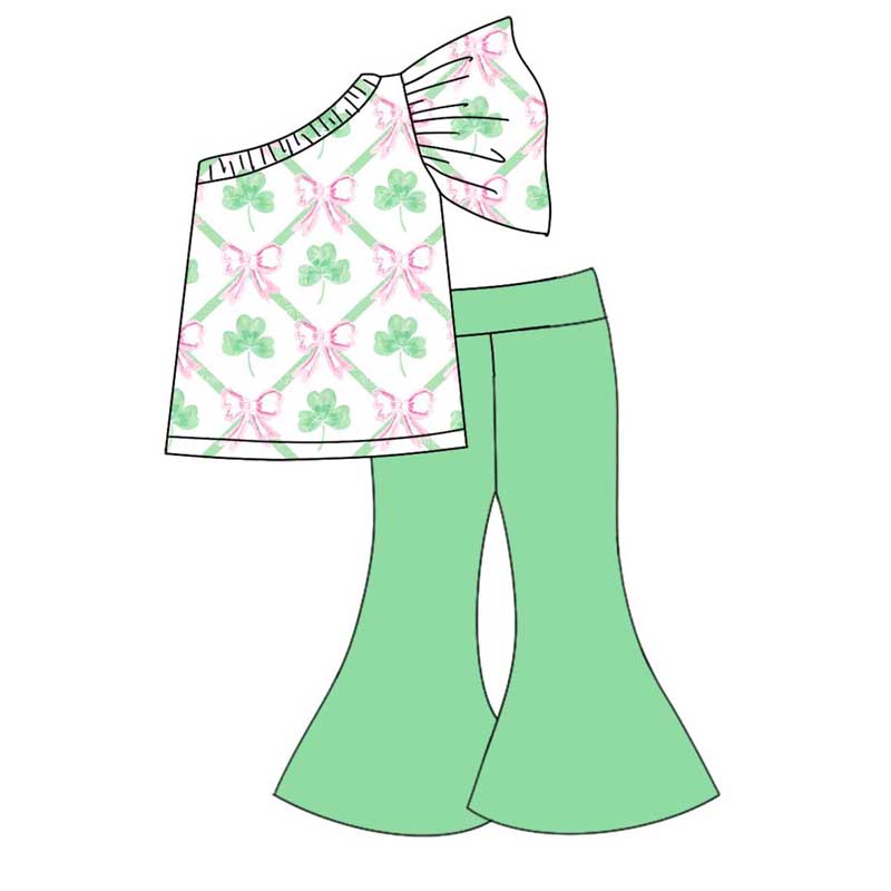 Baby Girls St Patrick Quatrefoil Bows One Shoulder Top Bell Pants Clothes Sets Preorder