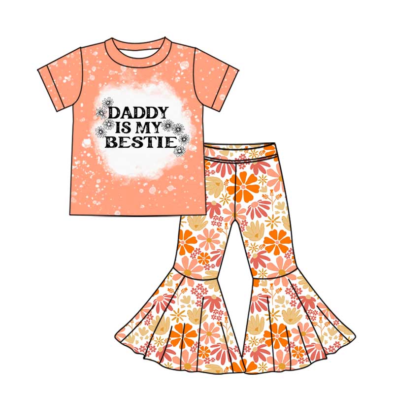 Baby Girls  Daddy Is My Bestie Top Flowers Bell Pants Clothes Sets Preorder