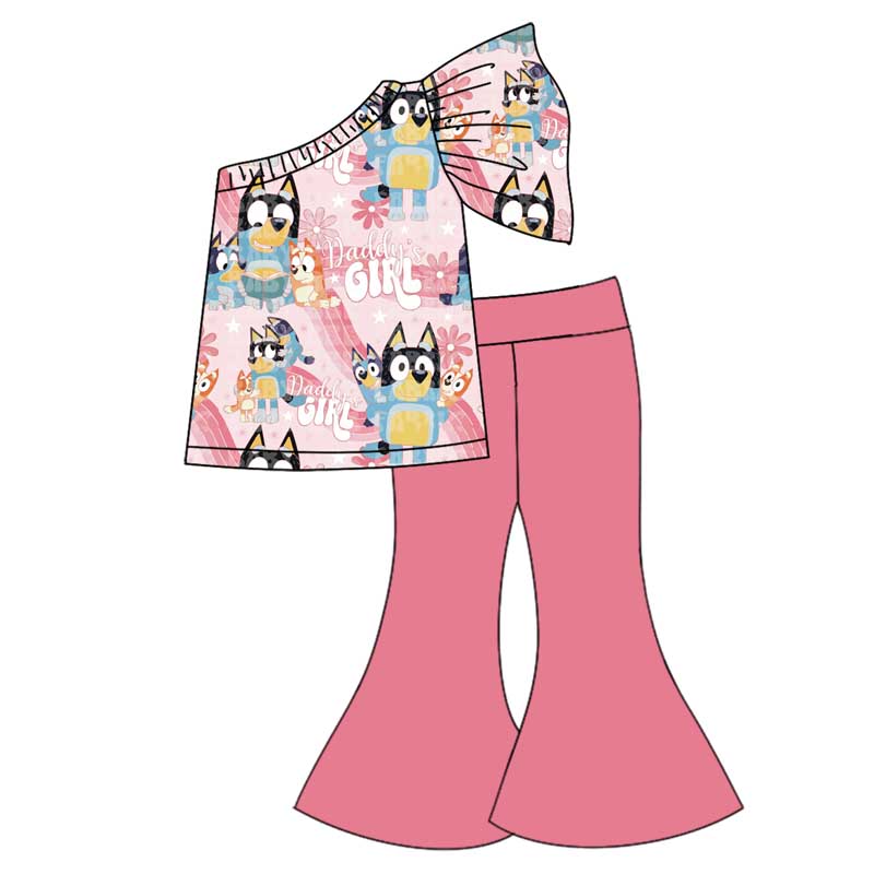 Baby Girls Daddy's Girl Dogs Pink One Shoulder Top Bell Pants Clothes Sets Preorder