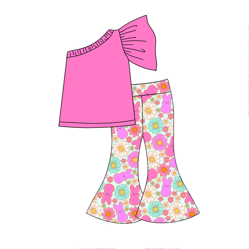 Baby Girls Easter Rabbits Flowers Pink One Shoulder Top Bell Pants Clothes Sets Preorder