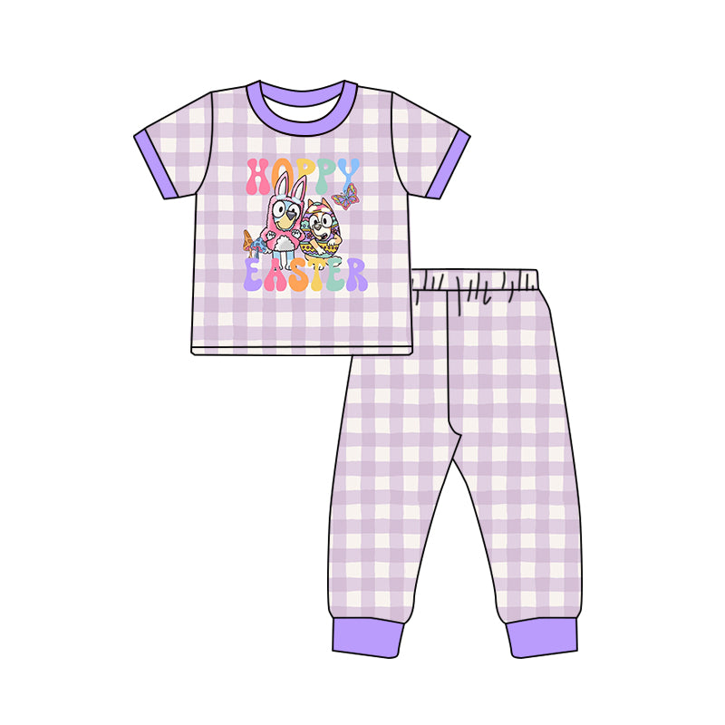 Baby Girls Happy Easter Checkered Dogs Top Pants Pajamas Clothes Sets Preorder