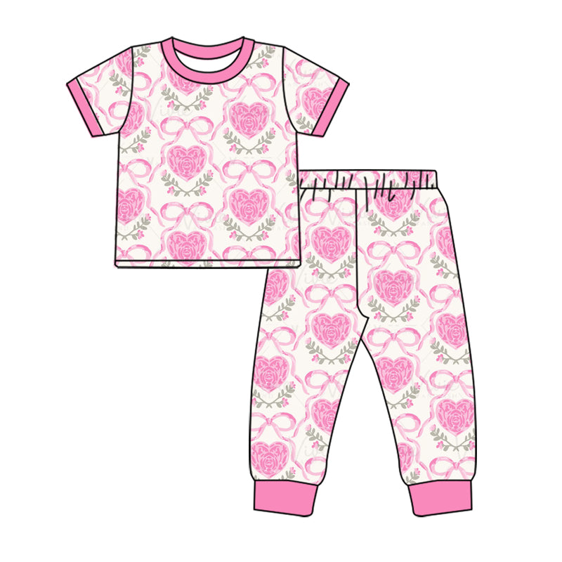 Baby Girls Pink Rose Flowers Bows Shirt Pants Pajamas Clothes Sets Preorder