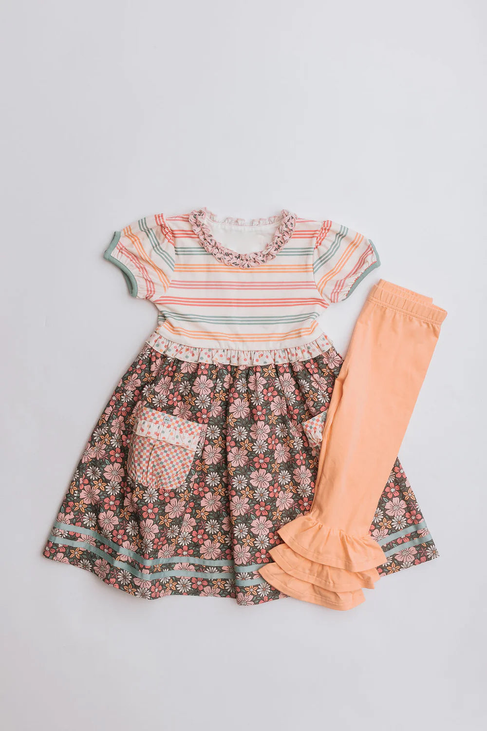 Baby Girls Orange Stripes Flowers Pockets Tunic Ruffle Pants Clothing Sets Preorder