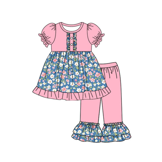 Baby Girls Navy Pink Flowers Tunic Ruffle Pants Clothing Sets Preorder