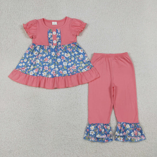 Baby Girls Colorful Flowers Button Tunic Ruffle Pants Clothing Sets
