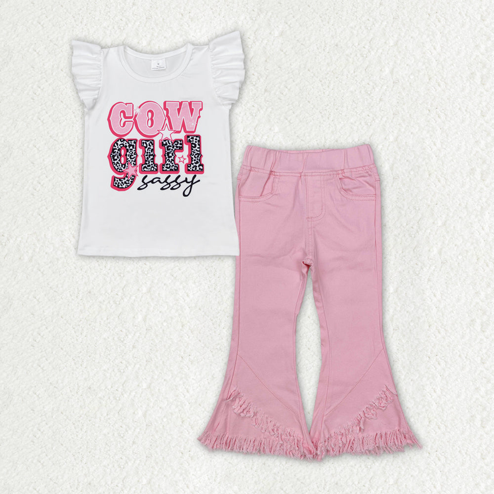 Baby Girls Western Cowgirl Sassy Shirt Top Pink Fringe Denim Jeans Pants Clothes Sets