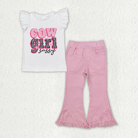 Baby Girls Western Cowgirl Sassy Shirt Top Pink Fringe Denim Jeans Pants Clothes Sets