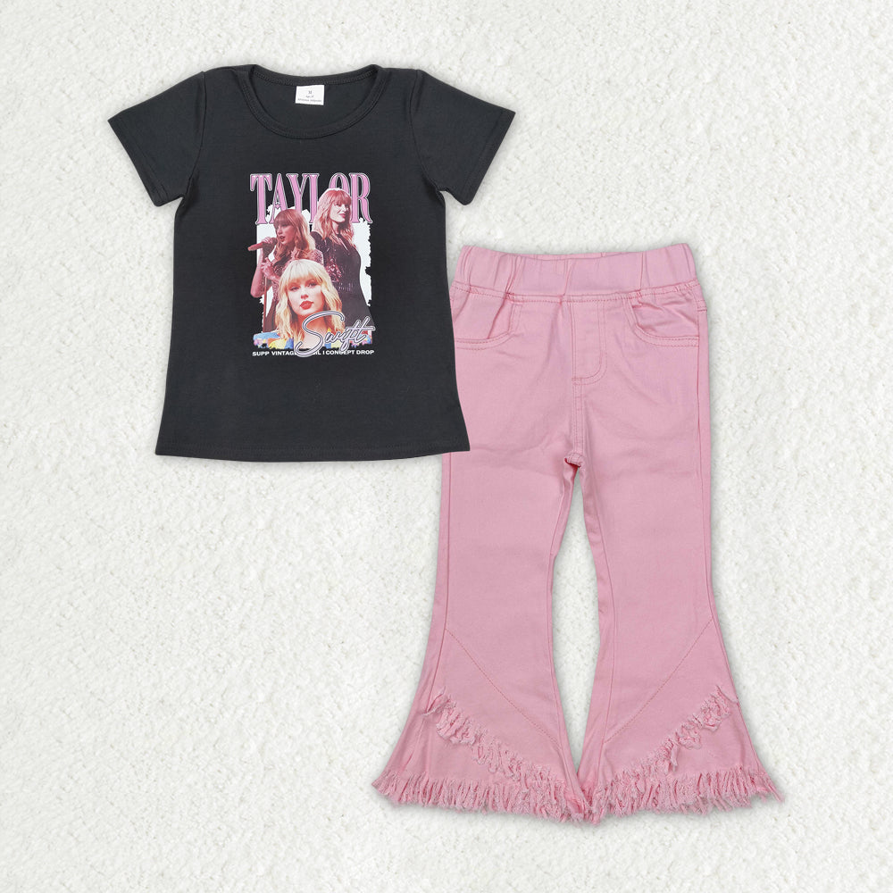 Baby Girls Black Singer Shirt Top Pink Fringe Denim Jeans Pants Clothes Sets