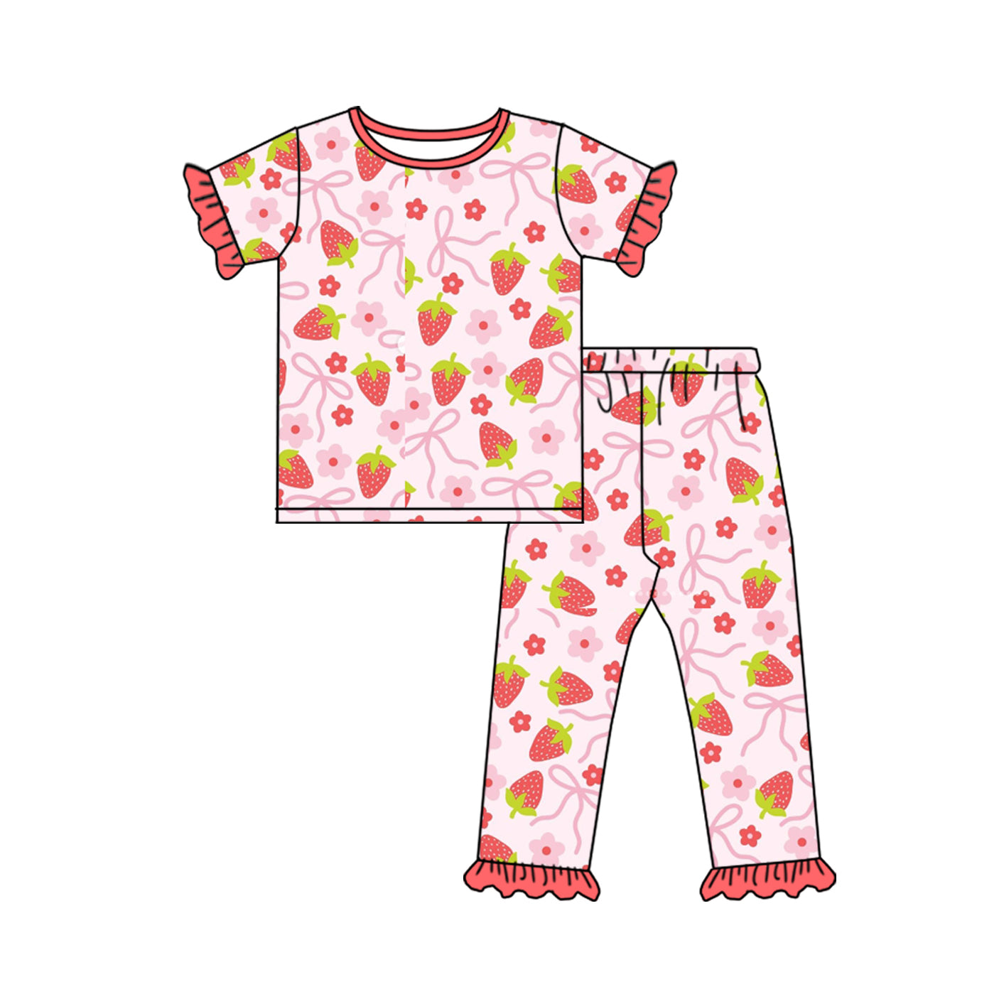 Baby Girls Red Bows Strawberry Top Pants Pajamas Clothes Sets Preorder