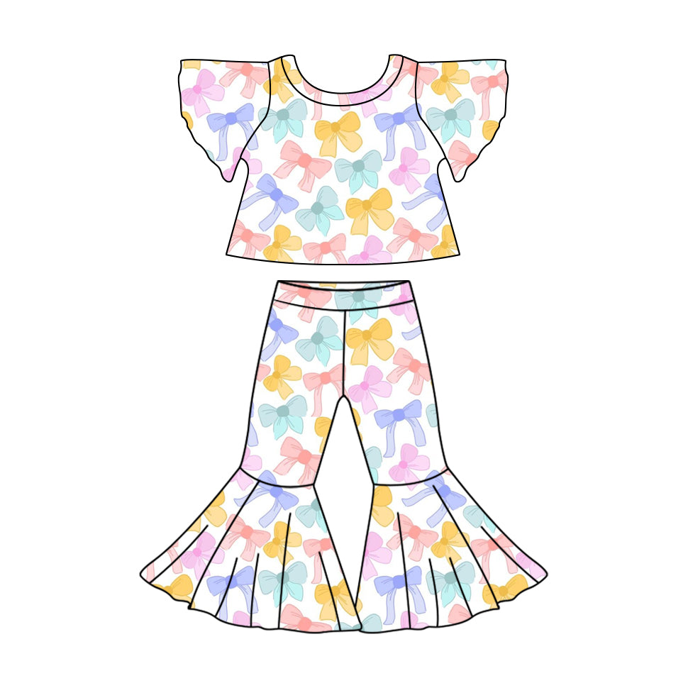 Baby Girls Flutter Sleeve Colorful Bows Shirt Bell Pants Clothes Sets Preorder