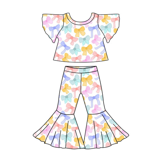 Baby Girls Flutter Sleeve Colorful Bows Shirt Bell Pants Clothes Sets Preorder