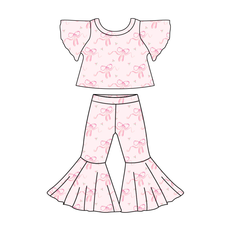 Baby Girls Flutter Sleeve Pink Bows Shirt Bell Pants Clothes Sets Preorder