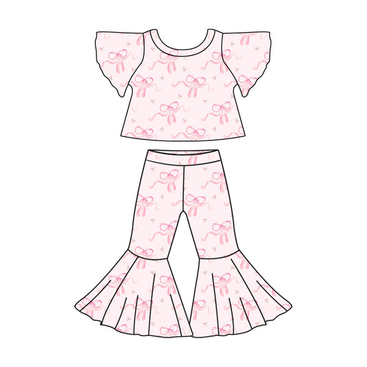 Baby Girls Flutter Sleeve Pink Bows Shirt Bell Pants Clothes Sets Preorder