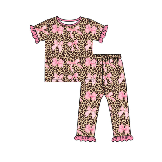 Baby Girls Leopard Pink Bows Top Ruffle Pants Pajamas Clothes Sets Preorder