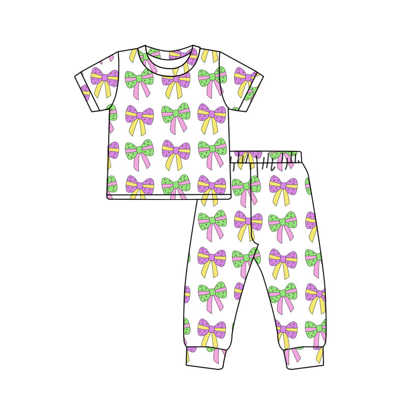 Baby Girls Colorful Bows Mardi Gras Shirt Pants Pajamas Clothes Sets Preorder