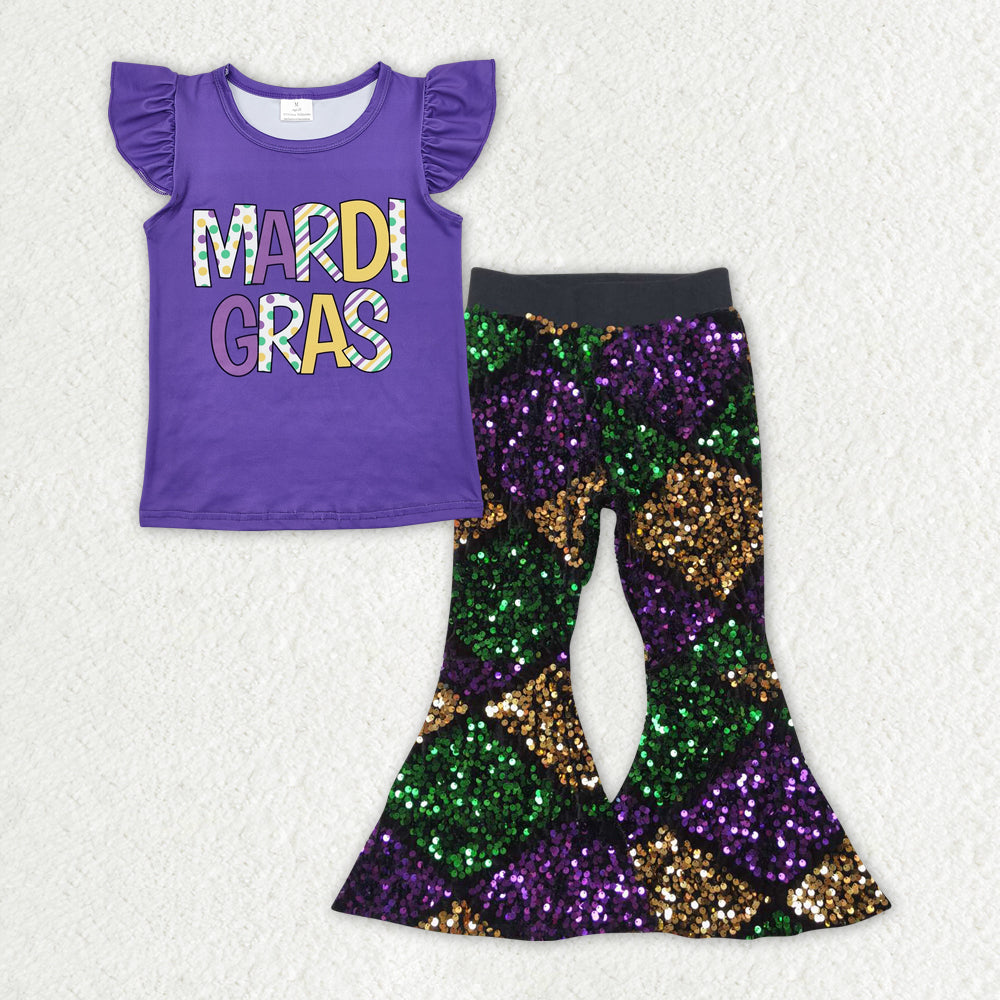 Baby Girls Mardi Gras Top Colorful Sequin Pants Clothes Sets