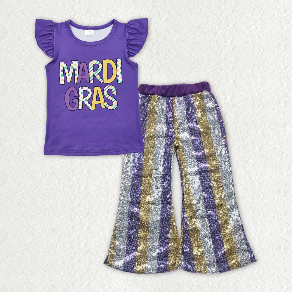 Baby Girls Mardi Gras Top Grey Stripes Sequin Pants Clothes Sets