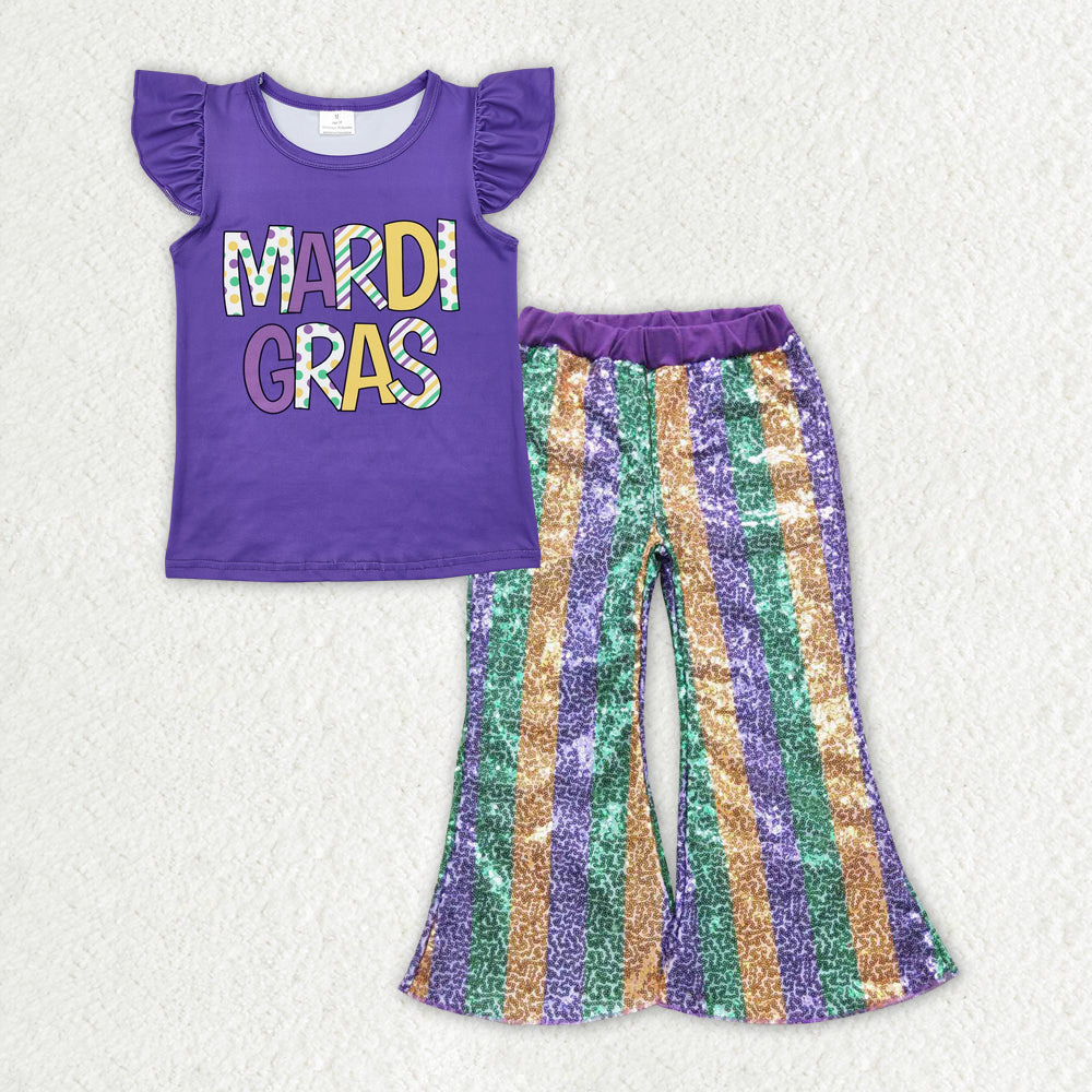 Baby Girls Mardi Gras Top Green Stripes Sequin Pants Clothes Sets