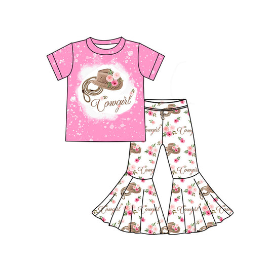 Baby Girls Pink Cowgirl Flowers Tee Shirts Bell Pants Clothes Sets Preorder