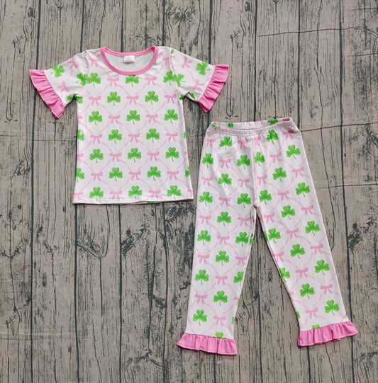 Baby Girls Bows Clovers Checked Top Ruffle Pants St Patrick Pajamas Sets