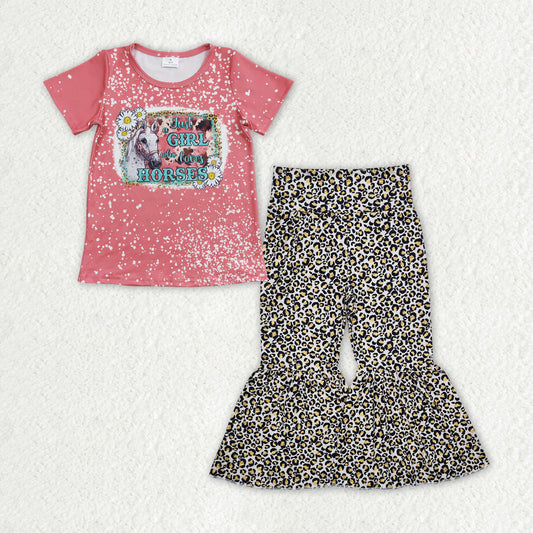 Baby Girls Western Horses Shirt Leopard Bell Pants Clothes Sets