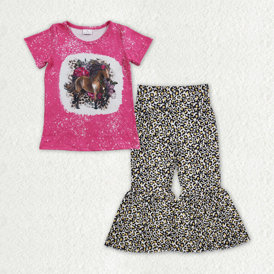 Baby Girls Western Horse Flowers Shirt Leopard Bell Pants Clothes Sets