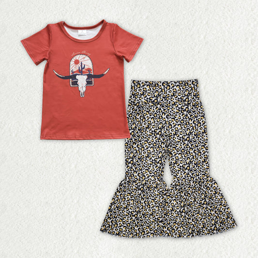 Baby Girls Western Cow Cactus Shirt Leopard Bell Pants Clothes Sets