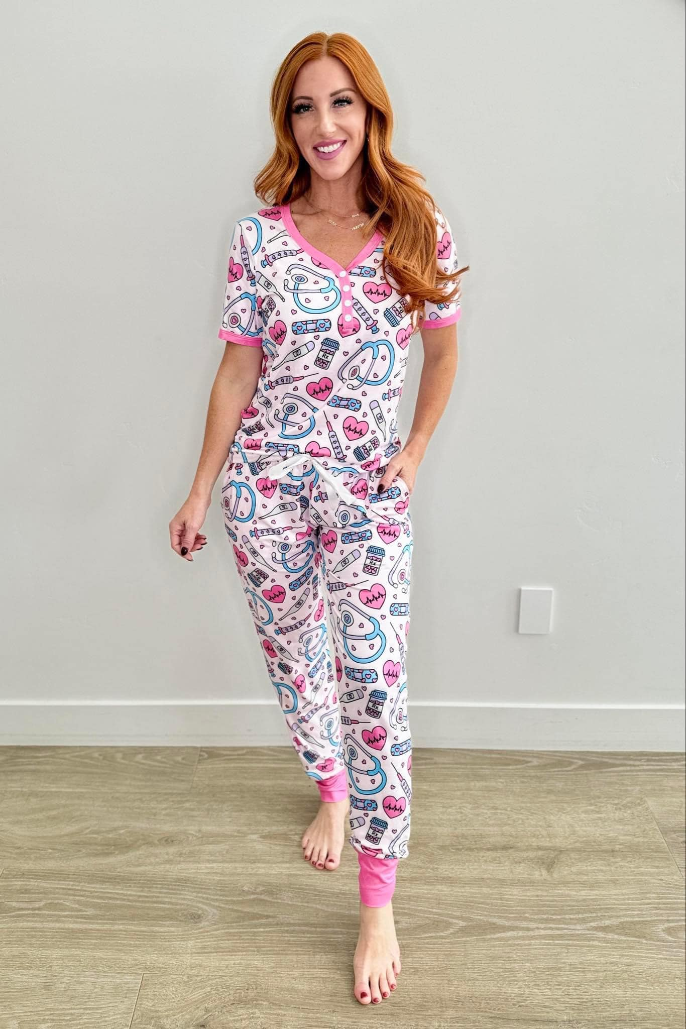 Adult Women Valentines Heart Nurse Tops Pants Pajamas Preorder