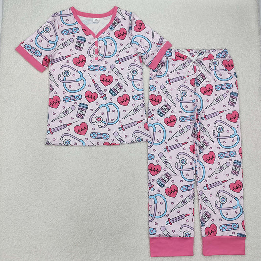 Adult Women Valentines Heart Nurse Tops Pants Pajamas Sets
