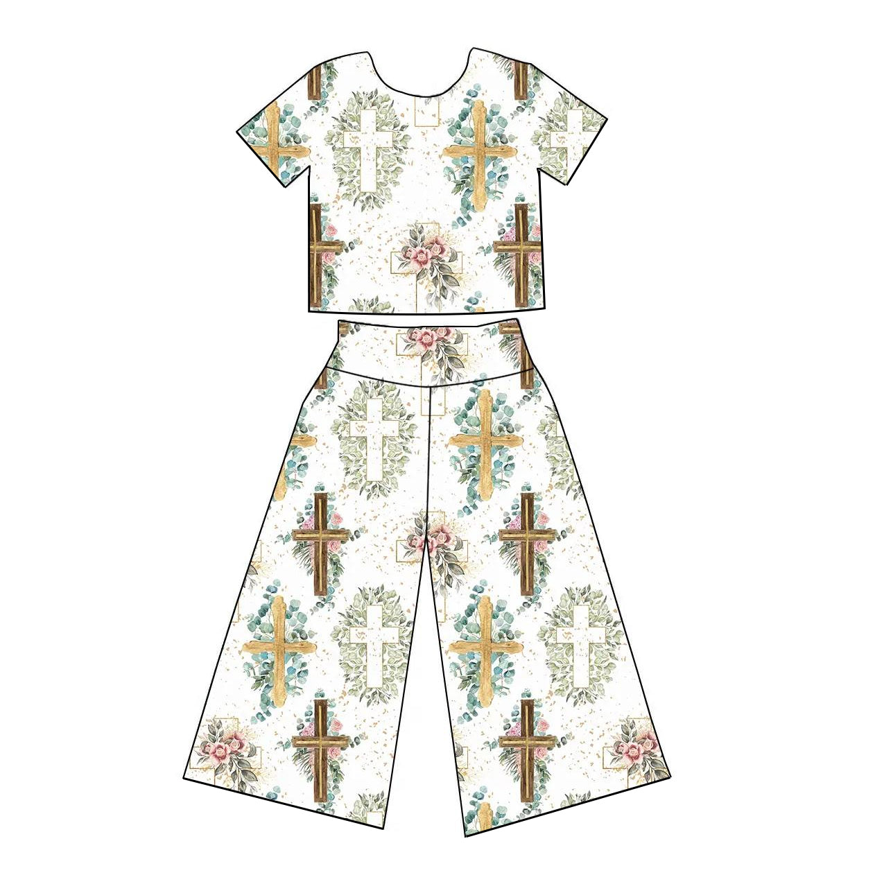 Baby Girls Easter Cross Flowers Shirt Bell Pants Clothes Sets Preorder