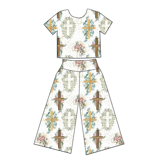 Baby Girls Easter Cross Flowers Shirt Bell Pants Clothes Sets Preorder
