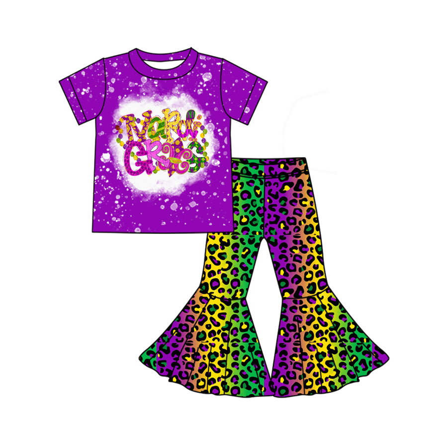 Baby Girls Mardi Gras Leopard Shirt Bell Bottom Pants Clothes Sets Preorder