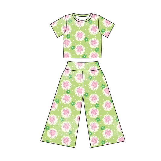 Baby Girls Green Pink Flowers Shirt Bell Pants Clothes Sets Preorder