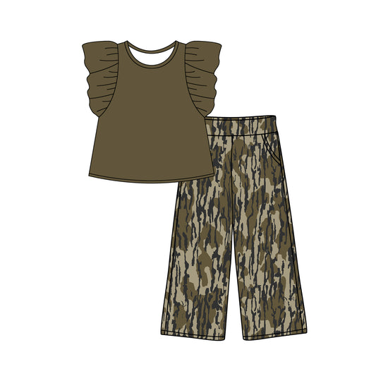 Baby Girls Green Flutter Sleeve Shirt Bottomland Pants Clothes Sets Preorder