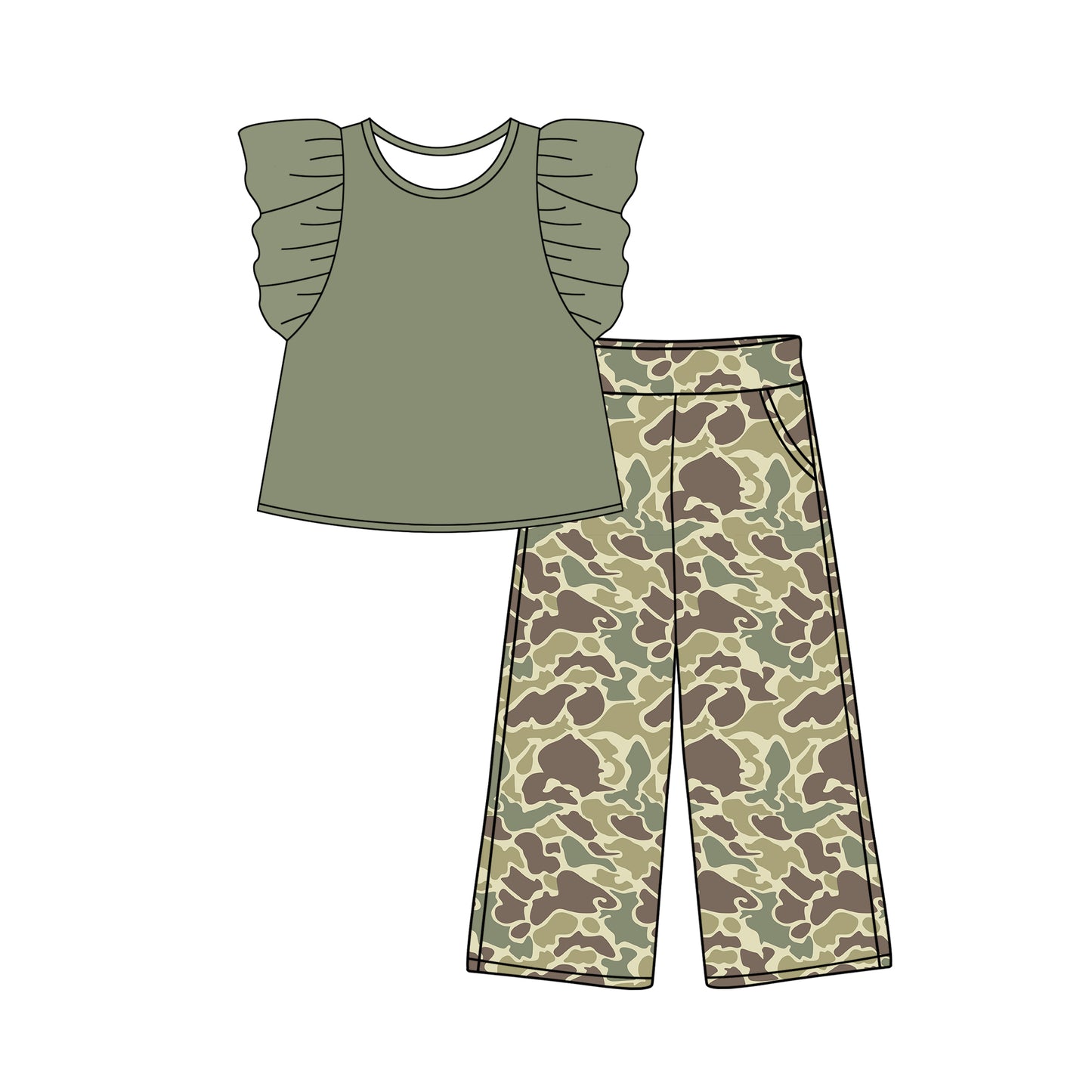 Baby Girls Green Flutter Sleeve Shirt Camo Pants Clothes Sets Preorder