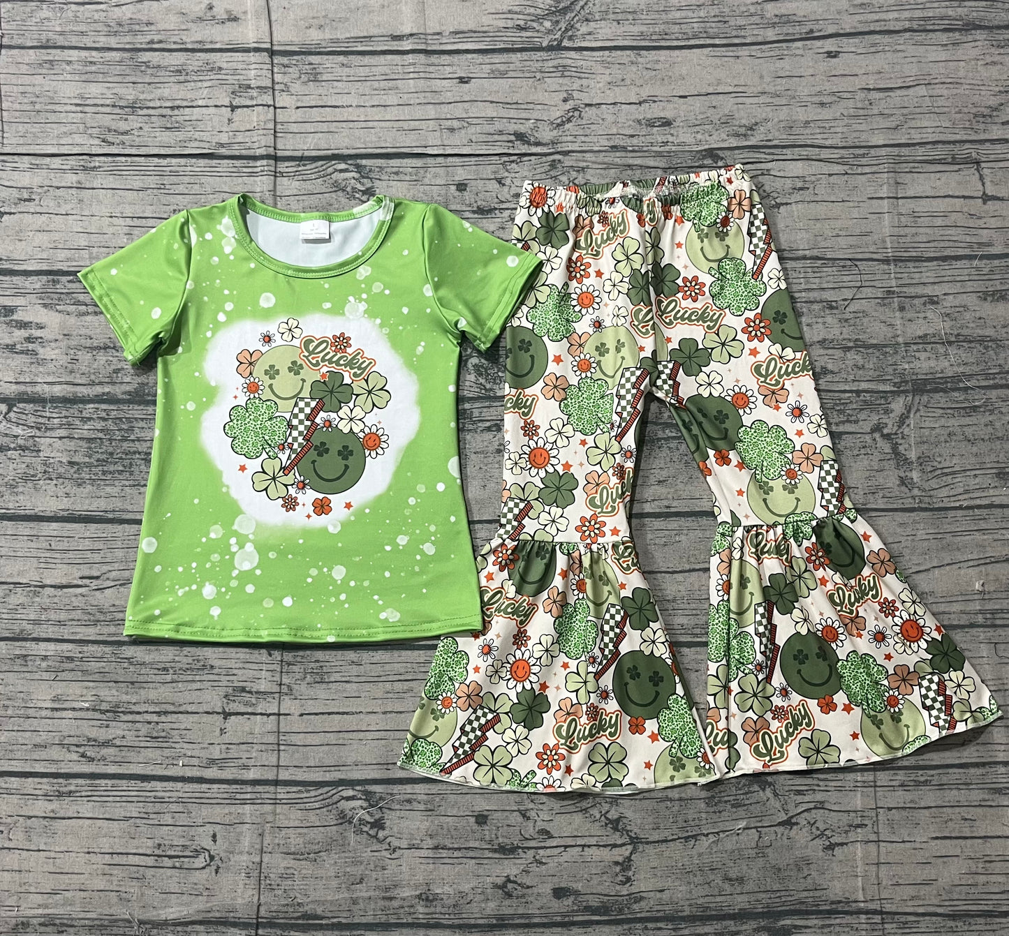 Baby Girls Smile Clovers Shirt Top Bell Pants St Patrick Clothes Sets