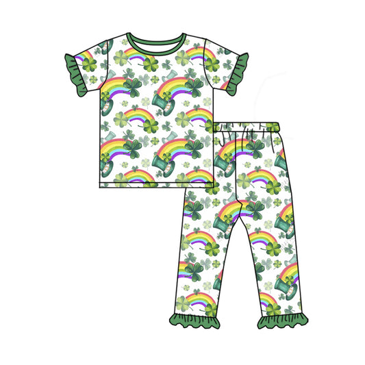 Baby Girls St Patrick Quatrefoil Rainbow Shirt Pants Pajamas Clothes Sets Preorder