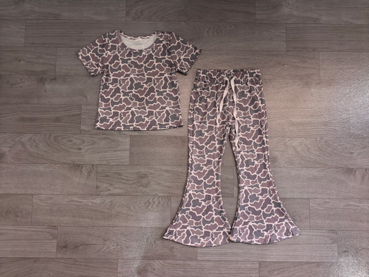 Baby Girls Short Sleeve Camo Shirts Top Bell Bottom Pant Clothes Sets Preorder