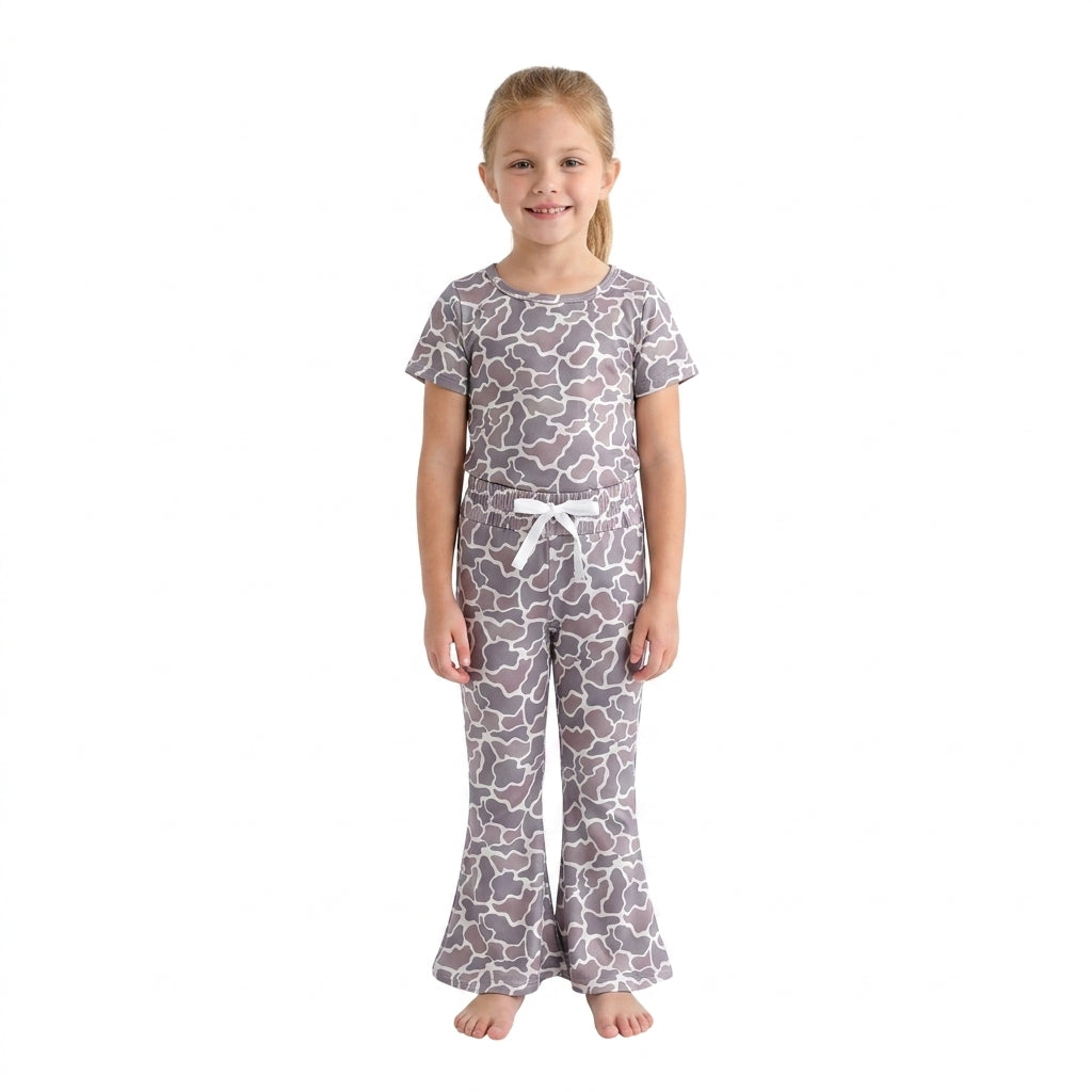 Baby Girls Short Sleeve Camo Shirts Top Bell Bottom Pant Clothes Sets
