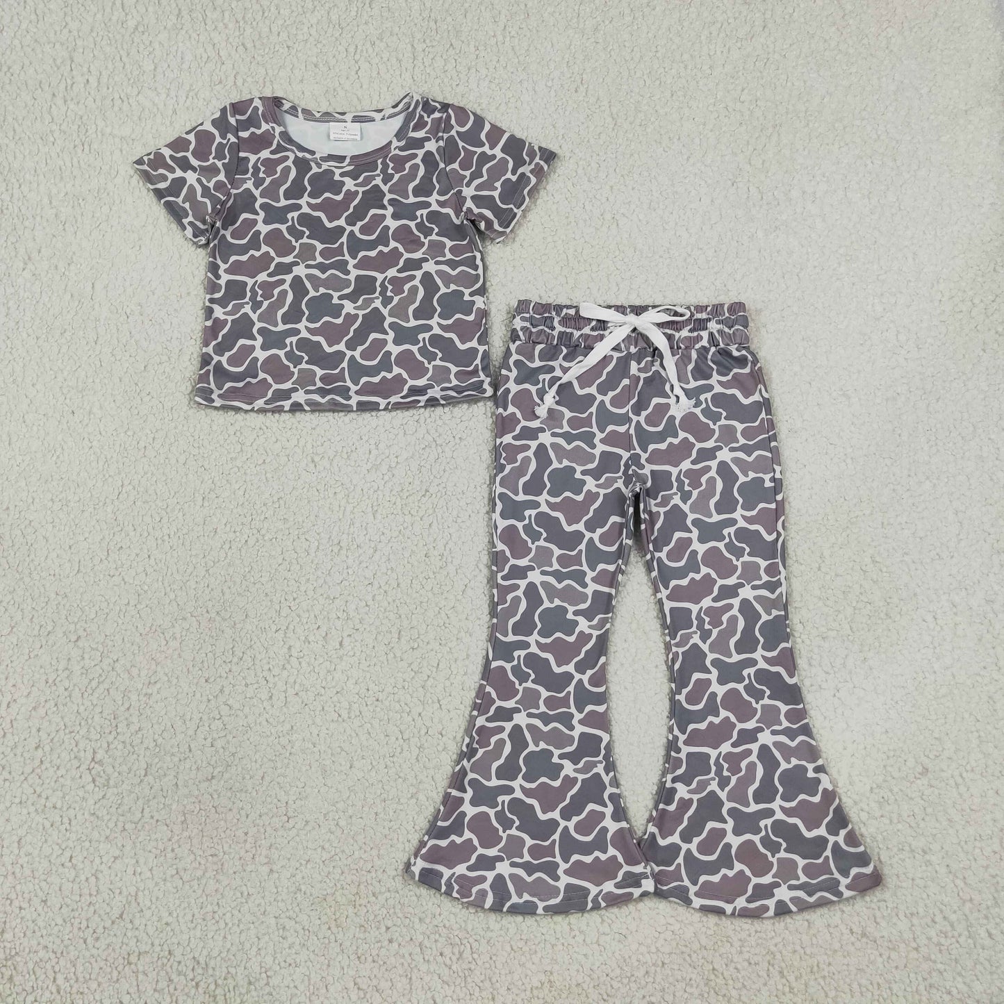 Baby Girls Short Sleeve Camo Shirts Top Bell Bottom Pant Clothes Sets