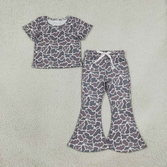Baby Girls Short Sleeve Camo Shirts Top Bell Bottom Pant Clothes Sets