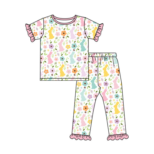 Baby Girls Easter Pink Rabbits Flowers Shirt Pants Pajamas Clothes Sets Preorder