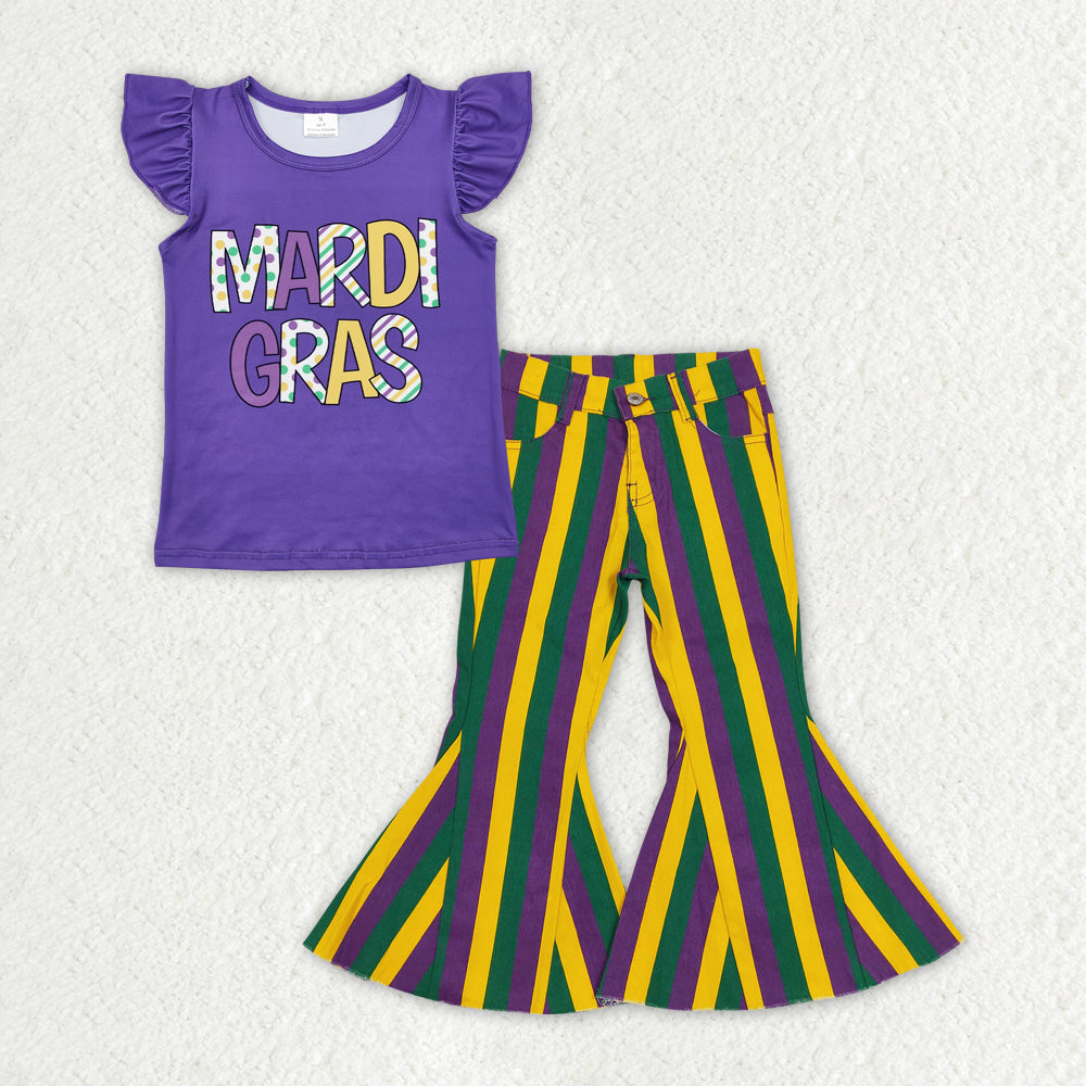 Girls Baby Mardi Gras Flutter Sleeve Shirt Stripes Denim Jeans Pants Clothes Sets