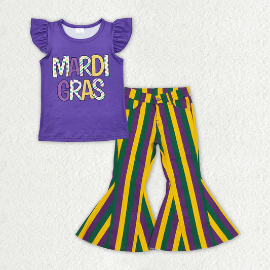 Girls Baby Mardi Gras Flutter Sleeve Shirt Stripes Denim Jeans Pants Clothes Sets
