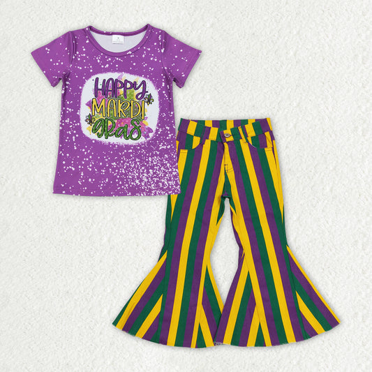 Girls Baby Happy Mardi Gras Shirt Stripes Denim Jeans Pants Clothes Sets