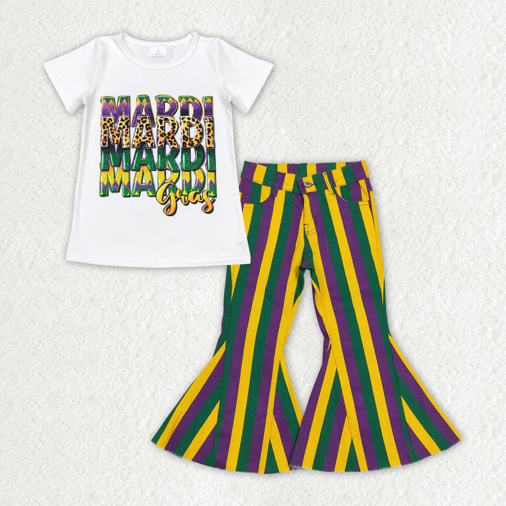 Girls Baby Mardi Gras White Shirt Stripes Denim Jeans Pants Clothes Sets