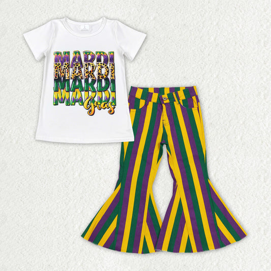 Girls Baby Mardi Gras White Shirt Stripes Denim Jeans Pants Clothes Sets