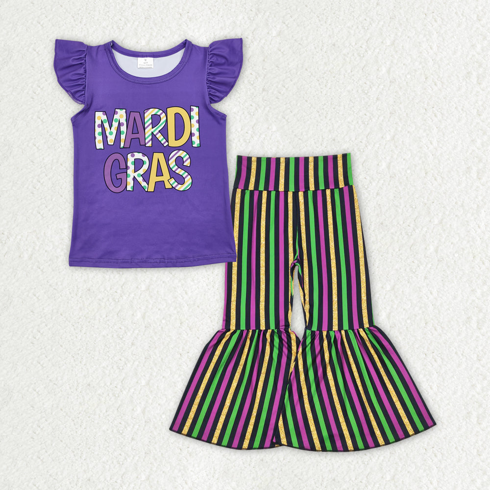 Baby Girls Purple Mardi Gras Flutter Sleeve Shirt Stripes Bell Pants Clothes Sets