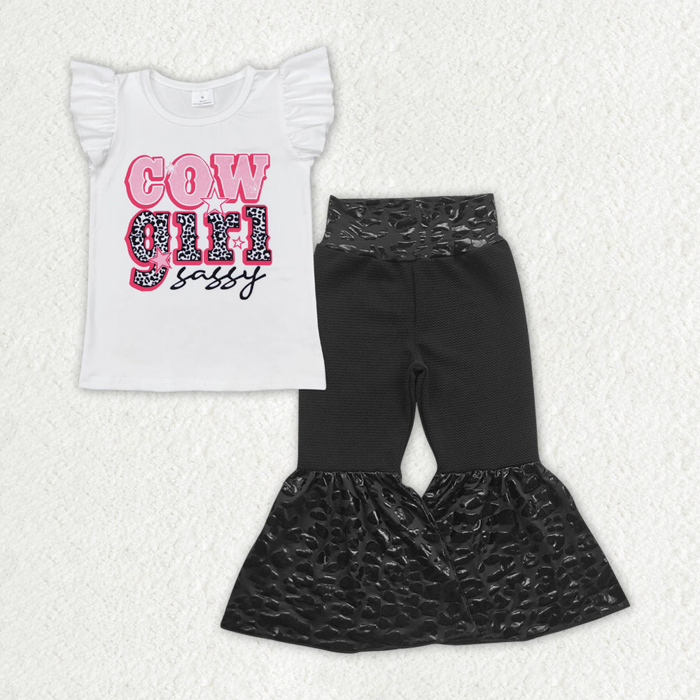 Baby Girls Cowgirl Sassy Flutter Sleeve Top Leopard Bell Pants Clothes Sets