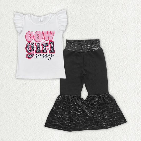 Baby Girls Cowgirl Sassy Flutter Sleeve Top Leopard Bell Pants Clothes Sets